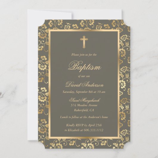 Ebony Gold Cross Script Blumentaufen Einladung (Vorderseite)