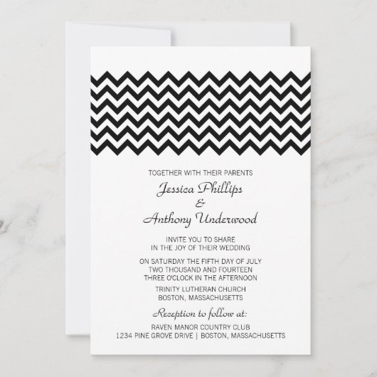 Ebony Simple Zickzack Wedding Einladung (Vorderseite)
