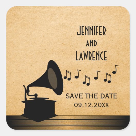 Ebony Vintag Gramophon Save the Date Stickers (Vorderseite)