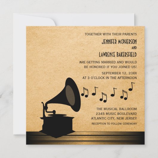 Ebony Vintag Gramophone Wedding Invite v2 Einladung (Vorderseite)