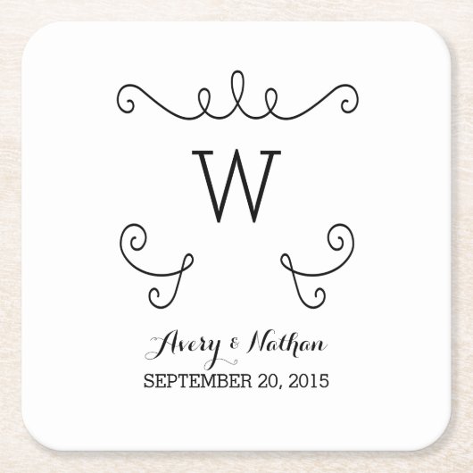 Ebony Whimsical Blühe Monogram Paper Untersetzer (Vorderseite)