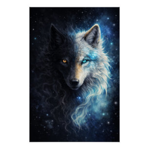 Echo of Duality – Cosmic Twin Wolf   Dark & Light  Poster