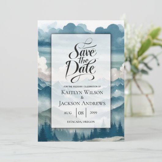 Echoes Through the Misty Pines Wedding Save The Date (Stehend Vorderseite)