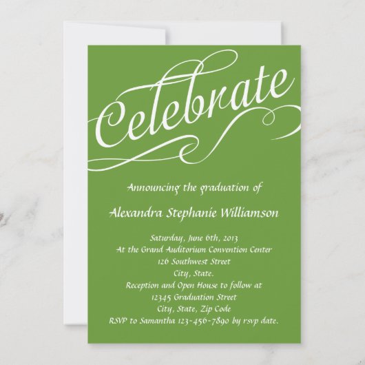 Echt grüner W/Wirbler Script Celebrate Abschluss Einladung (Rückseite)