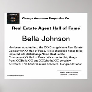 Echte Anwesen Agent Hall of Fame Certificate Poste Poster