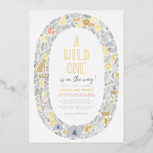 Echte Folie | A Wild One Safari Animals Baby Showe Folieneinladung (Vorderseite)
