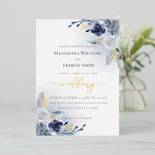 echte Folie Details blaue Aquarellfarben Rose Hoch Folieneinladung (Stehend vorne)