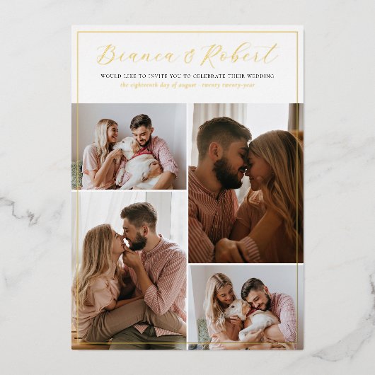 Echte Folie | Elegantes Script 5 Foto Collage Wedd Folieneinladung (Vorderseite)