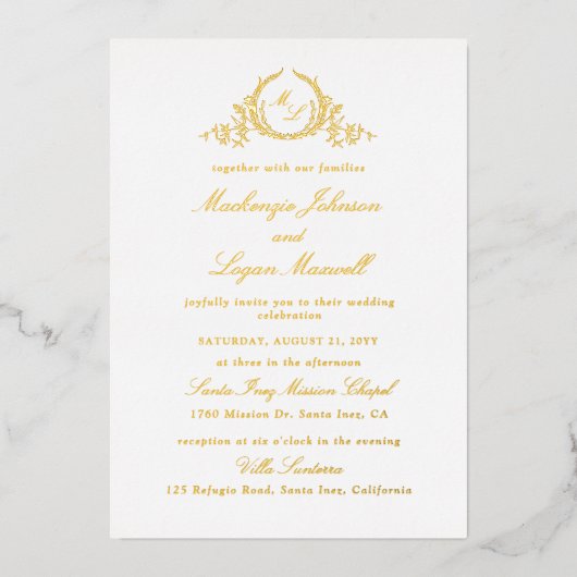Echte Gold Foil Chic Monogram Calligrafy Wedding Folieneinladung (Vorderseite)