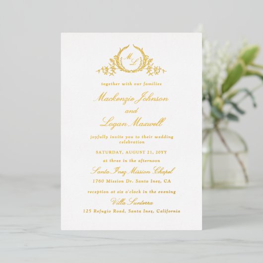 Echte Gold Foil Chic Monogram Calligrafy Wedding Folieneinladung (Stehend vorne)