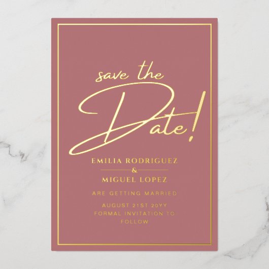 Echte GOLD Foil Dusty Rose Save the Date Hochzeit Folieneinladung (Vorderseite)