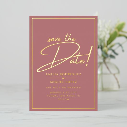 Echte GOLD Foil Dusty Rose Save the Date Hochzeit Folieneinladung (Stehend vorne)