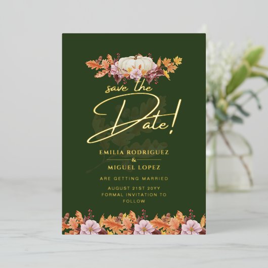 Echte GOLD FOIL Fall Pumpkin Rett Date Wedding Foi Folieneinladung (Stehend vorne)