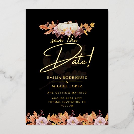Echte GOLD FOIL Fall Pumpkin Rett Date Wedding Folieneinladung (Vorderseite)