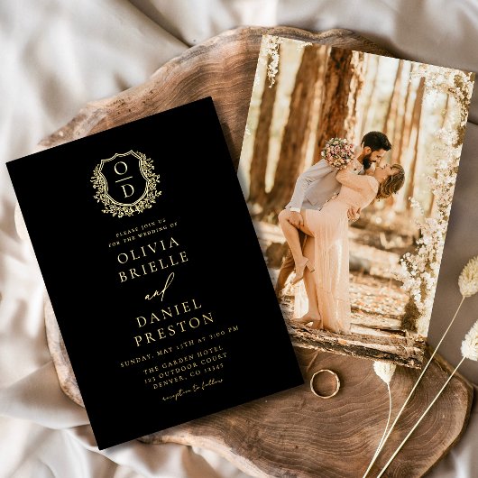 Echte Gold Foil Foto Wappen Monogram Wedding Folieneinladung