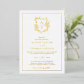 Echte Gold Foil Wappen Monogram Wedding Folieneinladung (Stehend vorne)