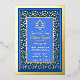 Echte Goldfolie Blau Stern Davids Bat Mizwa Folieneinladung
