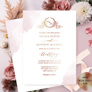 Echte Goldfolie Elegante Dusty Rose Monogramm Hoch Folieneinladung