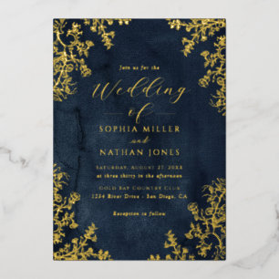 Echte Goldfolie Navy Florales Spitzen-Schrift Hoch Folieneinladung