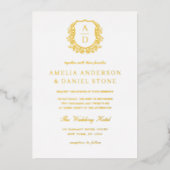 Echte Goldfolie-Wappen Monogram-Hochzeit Folieneinladung (Vorderseite)