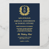 Echte Goldfolie-Wappen Monogram-Hochzeit Folieneinladung (Vorderseite)