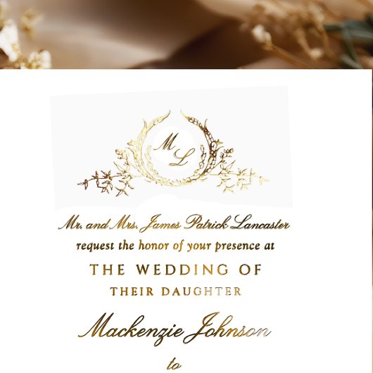 Echte Goldfolien-Monografie-Hochzeit Folieneinladung