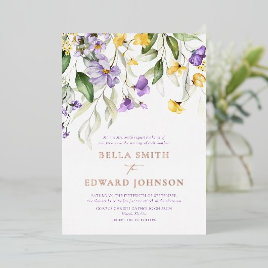 Echte Goldmedaille und Lila Monogramm Folieneinladung (Stehend vorne)