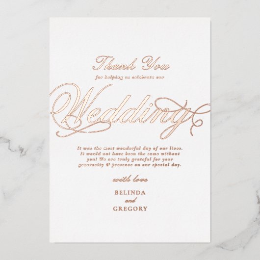 Echte Rose Gold Foil White Wedding Vielen Dank Folieneinladung (Vorderseite)