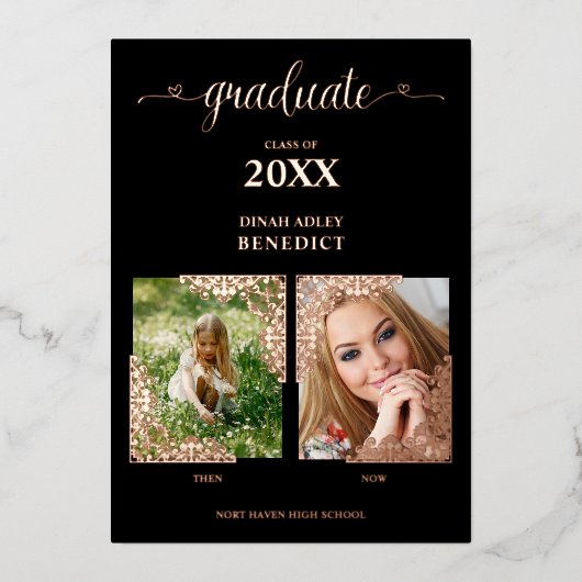 Echte Rose Gold Romantik dann jetzt 2 Fotos Gradua Folieneinladung (Vorderseite)