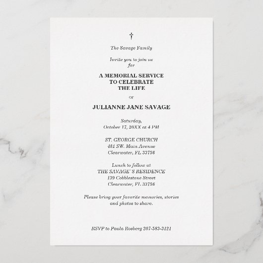 Echte Silber Beerdigung Schwarz-weißes Foto Erinne Folieneinladung (Rückseite)