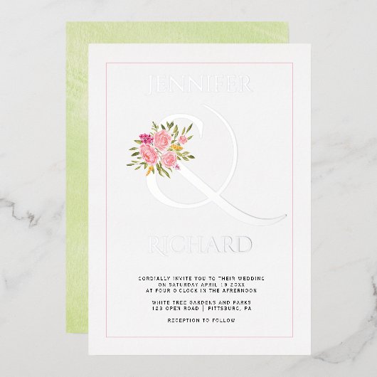 Echte Silberfolie Ampersand, Rose grüne Hochzeit Folieneinladung (Vorderseite/Rückseite)