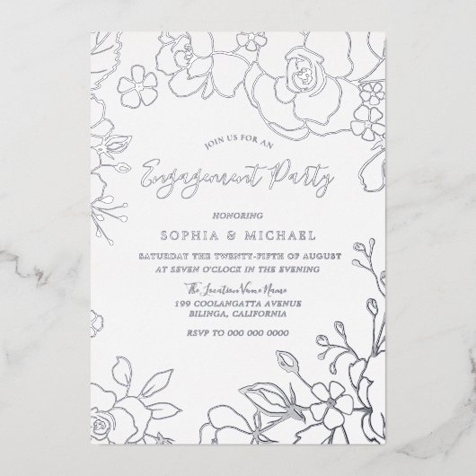 Echte Silberstreifen-Blume Engagement Party Elegan Folieneinladung (Vorderseite)
