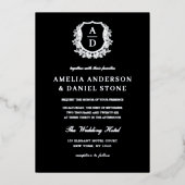 Echte Silberstreifen-Wappen-Monogramm-Hochzeit Folieneinladung (Vorderseite)