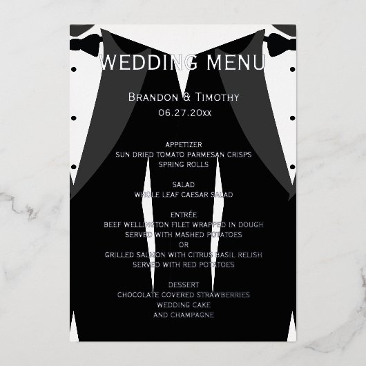 Echte Silver Foil Gay Wedding Menu Card Folieneinladung (Vorderseite)
