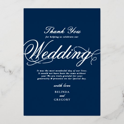 Echte Silver Foil Navy Blue Hochzeit Vielen Dank Folieneinladung (Vorderseite)
