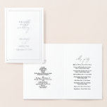 Echte Silver Foil Wedding Order of Service Program Folienkarte<br><div class="desc">Ein wunderschönes Hochzeitsprogramm aus Silber mit modernem weißem Hintergrund und echter Silberfolie Typografie und Rahmen. Eine atemberaubende Hochzeitsreihenfolge von Service-Programm-Design mit minimalistischer klassischer Typografie. Zeitgenössische Schrift-Typografie und moderne silberne Grenze schaffen eine zeitlose elegante silberne Hochzeitsskala für Service-Programm-Design.</div>