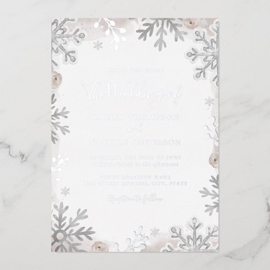 ECHTEN SILVER FOIL Blush Snowflake Hochzeit Folieneinladung (Vorderseite)