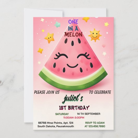 echter rosa Sommer eins in einer Melone ersten Geb Einladung (Vorderseite)