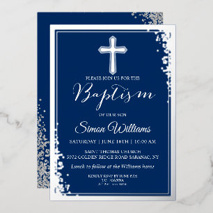 Echtes Folien-Silber-Glitter Navy Blau Jungen-Tauf Folieneinladung