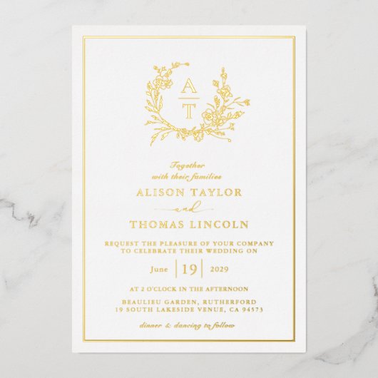 Echtes Gold-Wildblume-Wappen-Monogramm-Hochzeit Folieneinladung (Vorderseite)