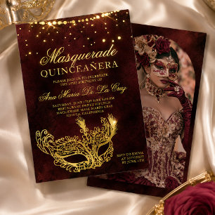 Echtes Goldfolie-Masquerade-Maske Foto Quinceanera Folieneinladung
