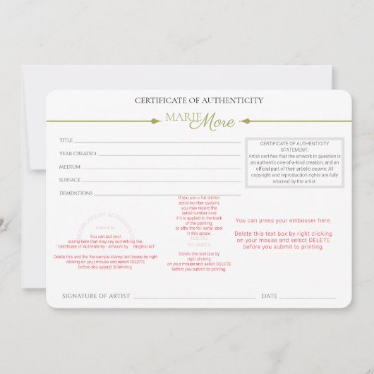 Echtheitszertifikat Einladung (Vorderseite)