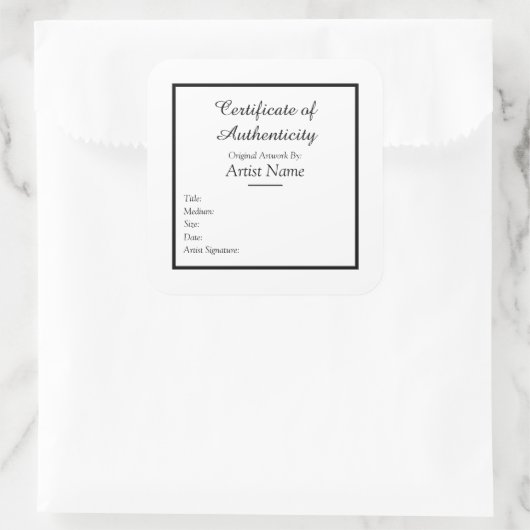 Echtheitszertifikat für Kunst Quadratischer Aufkleber (Tasche)