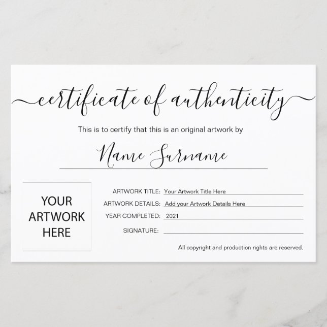 Echtheitszeugnis (Vorderseite)