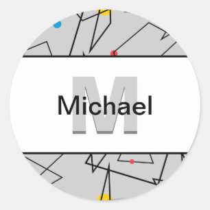 Eckiges geometrisches Retro Muster mit Monogramm Runder Aufkleber