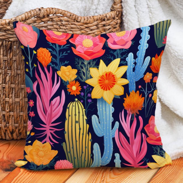 Eclectic Bold Yellow Pink Red Navy Floral Cactus Kissen (Eclectic Bold Yellow Pink Red Navy Floral Cactus Throw Pillow)