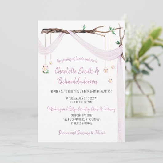 Eclectic Romance - Lilac Drape Mason Jar Lights Einladung (Stehend Vorderseite)