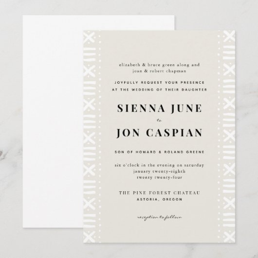 Ecru Boho Mudcloth Border Wedding Einladung (Vorne/Hinten)