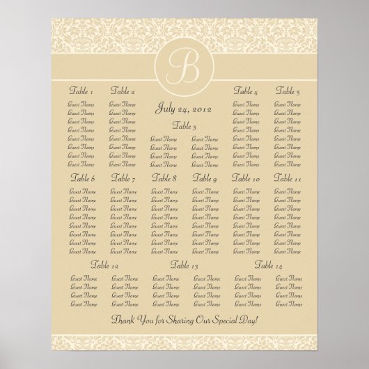 Ecru Damask Hochzeitssitzkarte für Empfang Poster (Vorne)