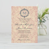 Ecru Damask Silver Vintage Frame Monogramm Hochzei Einladung (Stehend Vorderseite)